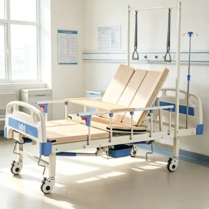 Semi Curved Manual Bedridden Patient Hospital Bed Anti Slip Frame Foldable Guardrails IV Pole Dining Table for Nursing Center