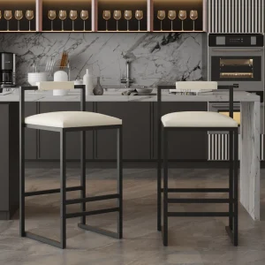 Set of 2 Barstools Faux Leather Upholstered Bar Stools Modern Metal Frame Dining Chairs for Counter Kitchen Island