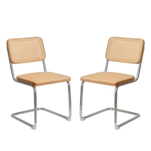 Set of 2 Mid Century Rattan Dining Chairs Chrome Cantilever Frame Breuer Accent Side Chairs for Dining Room Kitchen Living Room