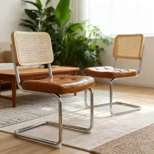 Set of 2 Mid Century Rattan Dining Chairs Faux Leather Upholstered Cantilever Chrome Frame Side Chairs for Kitchen Living Room