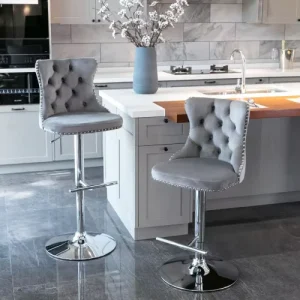 Set of 2 Tufted Velvet Swivel Bar Stools Adjustable Height Chrome Base Bar Stools with Back for Kitchen Island Home Pub Counter