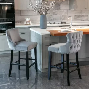 Set of 2 Wing Back Velvet Barstools Tufted Nailhead Trim Bar Chairs for Kitchen Island Pub