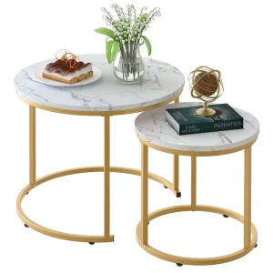 Set of Two Nesting Coffee Tables Faux Marble Top Wood Frame Modern Round Side Tables for Living Room Bedroom Decor