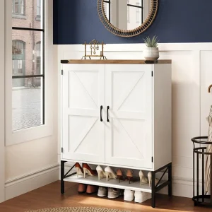 Shoe Cabinet with 2 Doors Barn Door Iron Legs Vintage Shoe Storage Rack