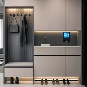 Shoe Cabinet with Bench LED Lighting Storage Drawers Grey Lacquer Custom OEM Factory Direct