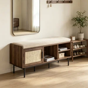 Shoe Storage Bench with Cushion Vintage Entryway Bench with Linen Cabinet Door & Open Shoe Shelves Dark Grain Hallway Bench