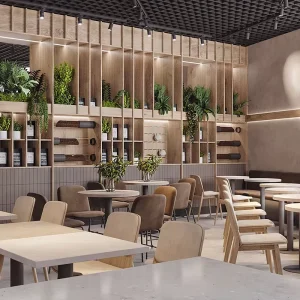 Showcase Commercial Coffee Shop Interior Design with Wood Grid Display Shelf, Mixed Seating Cafe Furniture Set for Shopping Mall