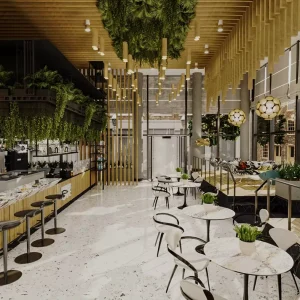 Showcase Complete Mall Coffee Shop Furniture with Bamboo Pendant Shell Chair Marble Counter and Hanging Plant for Atrium Cafe
