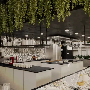 Showcase Luxury Mall Cafe Furniture with Bamboo Pendant Ceiling White Shell Chair Wood Slat Counter for Biophilic Coffee Shop