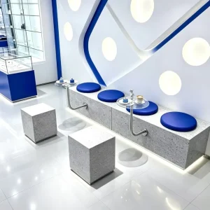 Showroom Terrazzo Bench Booth Seating Wall Mount Stainless Steel Side Table Blue Soft Cushion for Bubble Tea Shop