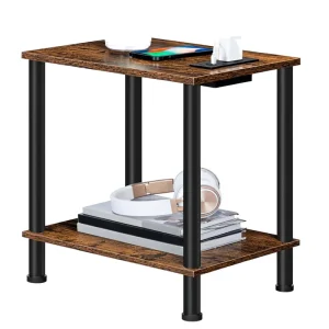 Side Table Charging Station End Table USB Port Outlet Nightstand 2 Layer Storage Shelves Small Spaces Living Room Bedroom