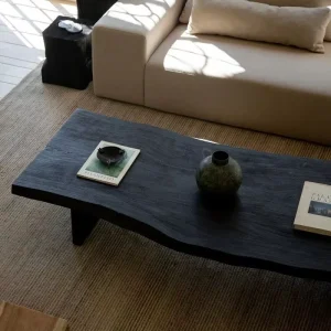 Silent Wind Black Solid Wood Shaped Marble Top Coffee Table Japanese Style Small Apartment Commercial Living Room Table