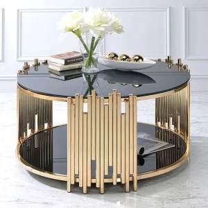 Silver Black Stainless Steel Gold Circle End Center Tables Metal Frame Living Room Mirror Round Glass Coffee Table Set