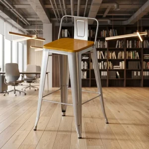 Silver Galvanized Metal Frame Bar Silla with Detachable Solid Wood Seat, Stackable Industrial High Stool