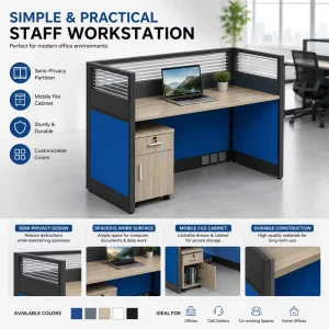 Simple Business Staff Workstation Semi Privacy Partition Office Desk With Mobile File Cabinet For Commercial Working Environment