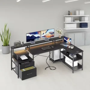 Simple Century L Shaped Large Wooden Modular Office Computer Desk LED Lights Ergonomic Corner Design Monitor Stand File Cabinet