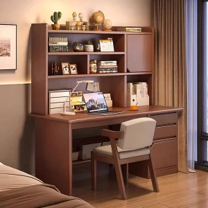 Simple Design Home Office Desk with Bookshelf and Drawer Computer Table for Home Workspace