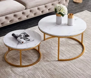 Simple Design Living Room Round Nesting Side Table with Black Gold Metal Frame Glass Marble Coffee Table