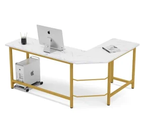 Simple Home L Shaped Office Furniture Wood Writing Table Metal Frame Corner Computer Desk