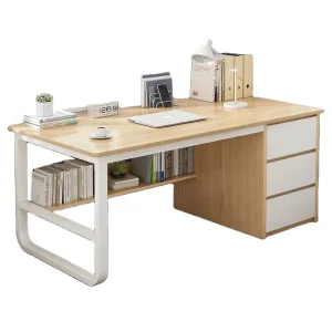 Simple Large Modern Executive Wood Computer Desk with Drawer and Bookshelf Freestanding for Home Office Use