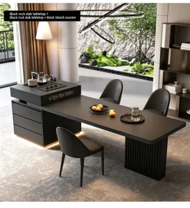 Simple Long Table with Rock Slab Solid Wood Dining Table Bar Cabinet Kitchen Island Suitable for Dining Room and Villa