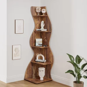 Simple Wood Color 5 Tier Bookshelf Wooden Living Room Bookcase Modern Library Book Shelf