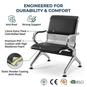 Single Seat Airport Waiting Chair Black PVC Padded Seat Cold Rolled Steel Chrome Plated Leg Hospital Lobby Public Seating