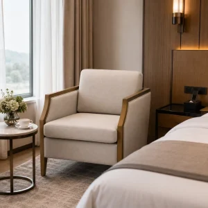 Single Seat Hotel Leisure Chair Fabric Upholstered Chair with White Ash Wood Armrest Design