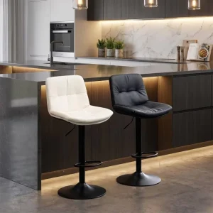 Single Tuft Bar Stool Contoured Seat Matte Black Pedestal Oval Footrest Rotating Height Adjustable for Kitchen Counter Pub