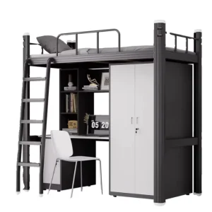 Single Upper Bunk Metal School Youth Dormitory Bed Lower Desk Commercial Furniture Minimalist Design Apartment Dorm Use