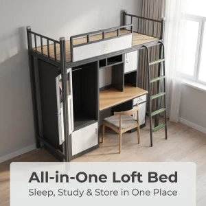 Single person Bed and Desk with Modern Style Equipped with Shelves Wardrobe and Storage Cabinet with Thickened Metal Frame