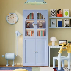 Sky Blue Steel Small Bookshelf Metal Bookcase with Doors for Study Book Storage