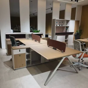 Sleek 4 Person Office Desk Cluster with Mesh Chairs Easy Assembly Durable Furniture for Co Working Spaces