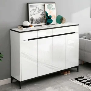 Sleek Design Modern European Style Black Trim Legs 3 Door Shoe Rack Hidden Bottom Shelf Space Saving Home Furniture