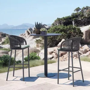 Sleek High Top Seating Suite Mint Green Cushion Accents with Charcoal Wicker Designer Outdoor Bar Furniture for Luxury Patios