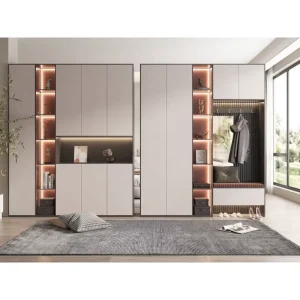 Sleek Matte Finish Entry Furniture Large Volume Shoe Rack Coat Nook Recessed LED Open Storage Soft Cushion Hallway Cabinet