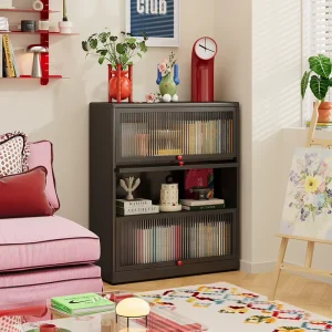 Sleek Metal Bookshelf with Flip Door for Modern Living Room