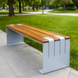 Sleek Modern Backless Galvanized Steel Park Bench Durable Wood Slat Seating for Upscale Commercial Plaza Decor