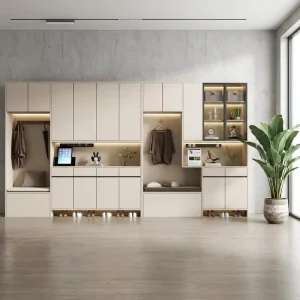 Sleek Modern Built in Shoe Cabinet with Coat Hanger Open Display Nook Functional Shoe Cabinet