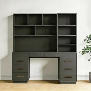 Sleek Modern Dark Gray Wood Integrated Desk Bookshelf Unit Open Shelves Drawers Eco-Friendly Space-Saving Living Room Apartment
