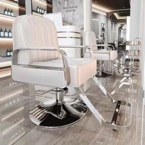 Sleek White Leather Barber Chair High Gloss Stainless Steel Salon Furniture Designer Swivel Styling Chair with Heavy Duty Base