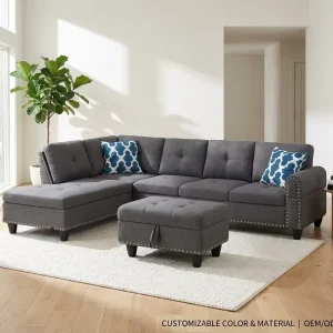 Sleeper Furniture American Modern Luxury Fabric Black Grey Convertible Apartment-Friendly Solid Wood Frame Sectional Sofa Set