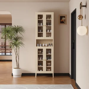 Slim Tall Metal Shoe Cabinet Double Glass Door With Open Compartment Adjustable Shelves Steel Storage for Entryway