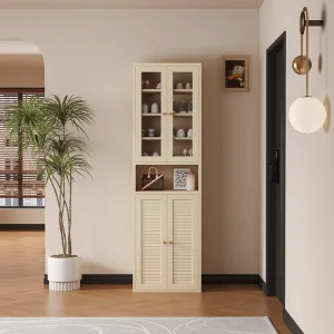 Slim Tall Metal Shoe Cabinet Upper Lower Glass Door With Open Compartment for Home Entryway Storage