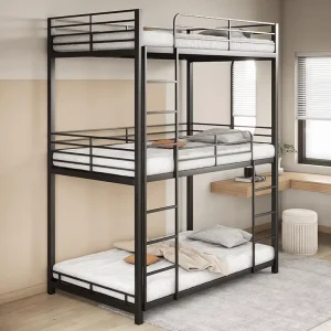 Small Apartments Space Saving Metal Triple Bunk Bed with Trundle 3 Bunk Bed with Trundle for Kids Adults