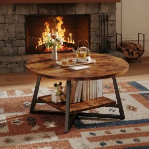 Small Circle Coffee Table Storage Modern Engineered Wood Design Living Room Home Office Easy Assembly Rustic Brown CT048