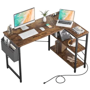 Small L Shaped Computer Desk with MDF Storage Shelves and Bag for Home Office