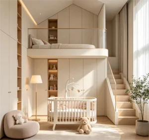 Small Pink White Design Kids Nursery Furniture Eco Friendly Formaldehyde Free Soft Close Loft Wardrobe Baby Clothes Closet