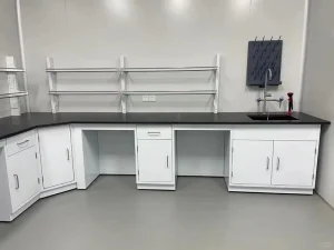 Small Room L Shape Lab Bench with Corner Cabinet Anti Static Electronic Lab Table with Shelf and Sockets