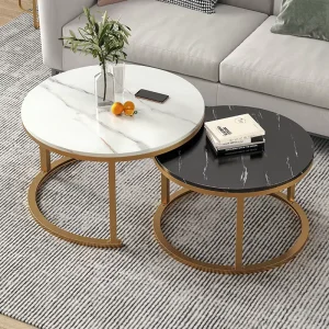 Small Round Coffee Table Set with Metal Frame Artificial Board Top Minimalist Modern Design for Living Room Home Commercial Use